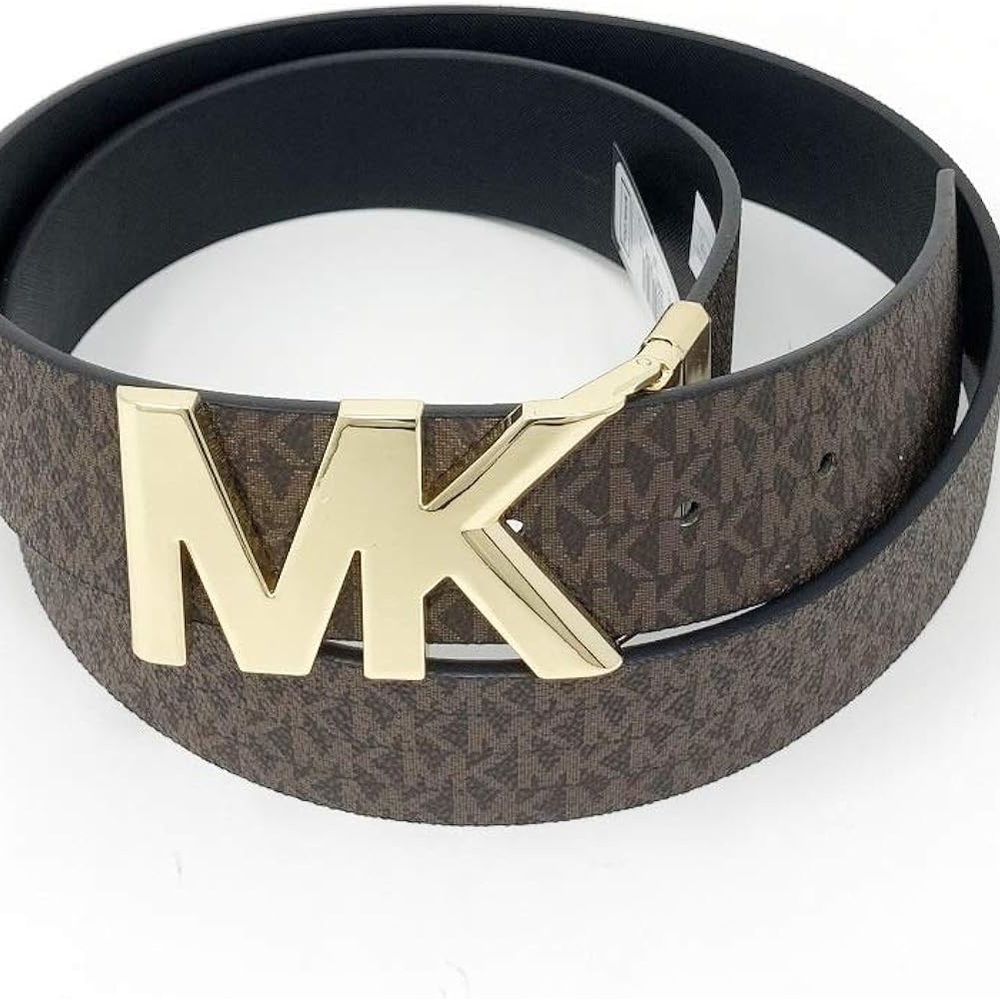 Michael Kors Dark Brown MK Logo & Black Reversible Belt with Gold Buckle-Size M